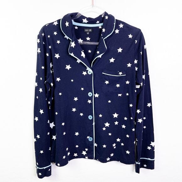 Cozy Zoe Star Print Button Front Long Sleeve Pajama PJ Top Navy Blue size S NWOT - Picture 2 of 11